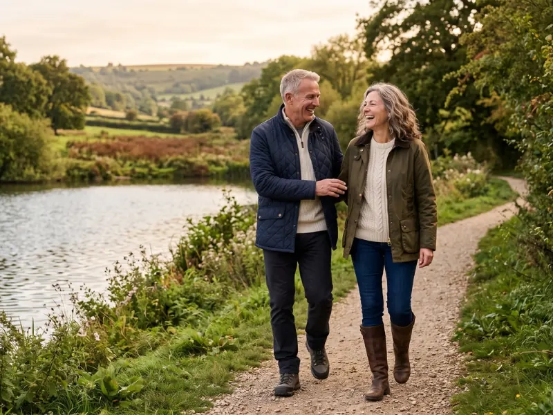 A couple walking a farm track beside a river, hills and hedgerows behind them