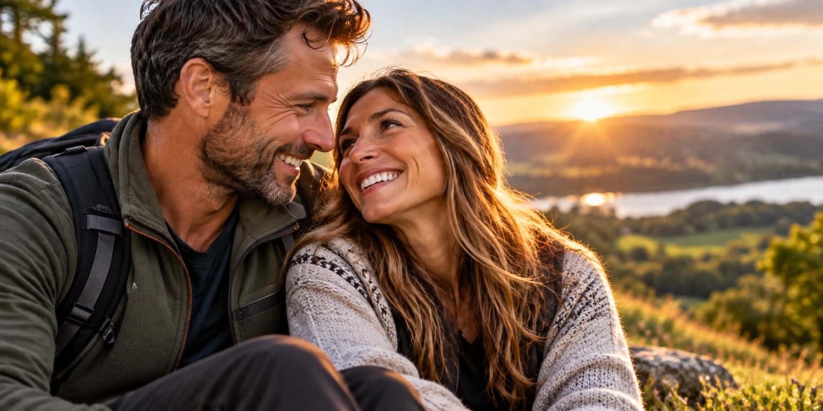 A smiling couple sitting close together on a hillside at sunset, with a lake and hills behind them