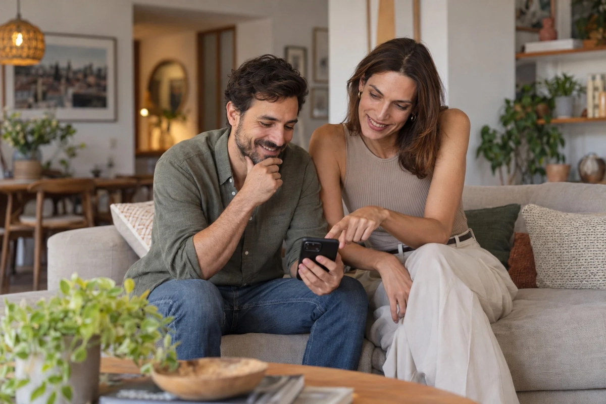 Hombre eligiendo fotos para su perfil de citas en el móvil mientras una mujer trans le da su opinión
