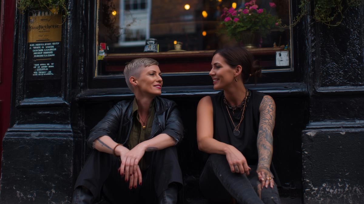 Two women in dark clothes sit side by side outside a shopfront, talking