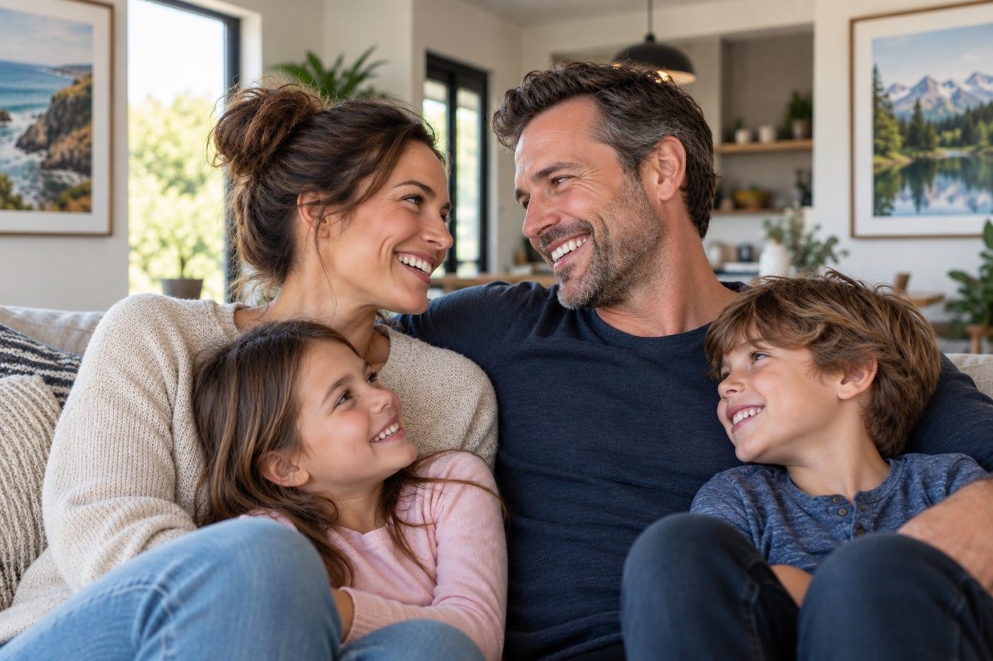 Illustrative photo of a smiling family sitting together on a living room sofa