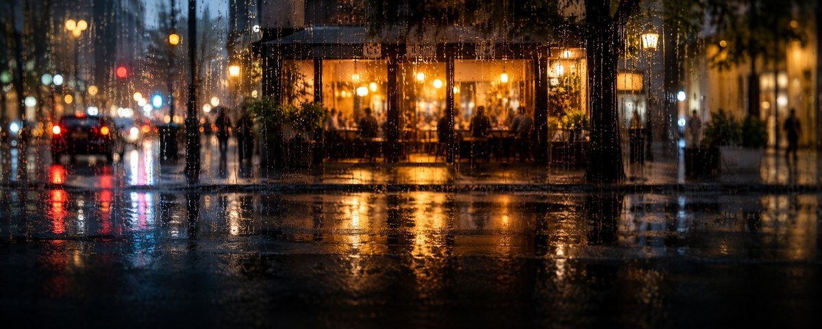 A rain-streaked window at night with a glowing shopfront across the road softened into blurred light