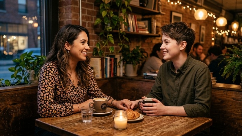 Diverse couple on a romantic date at a coffee shop, smiling and connecting