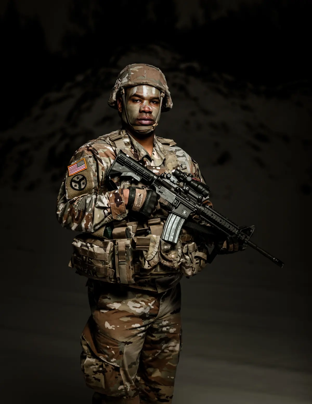 Illustrative portrait of a uniformed adult against a dark background