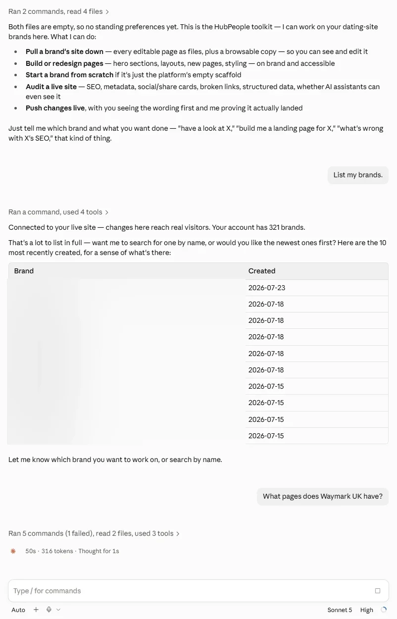Claude reporting that it is connected to the live site and how many brands the account reaches, then listing recently created brands in a table with the names blurred out.