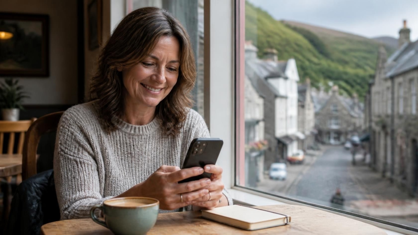 A smiling woman writing her dating profile on her phone in a café, with a stone-built Cumbrian street outside the window