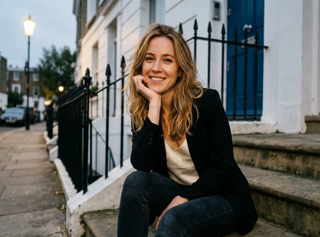 A woman with long honey-blonde hair, a black blazer and a silk camisole sits on the front steps of a white stucco terraced house in London at dusk, chin resting on her hand (AI-generated image)