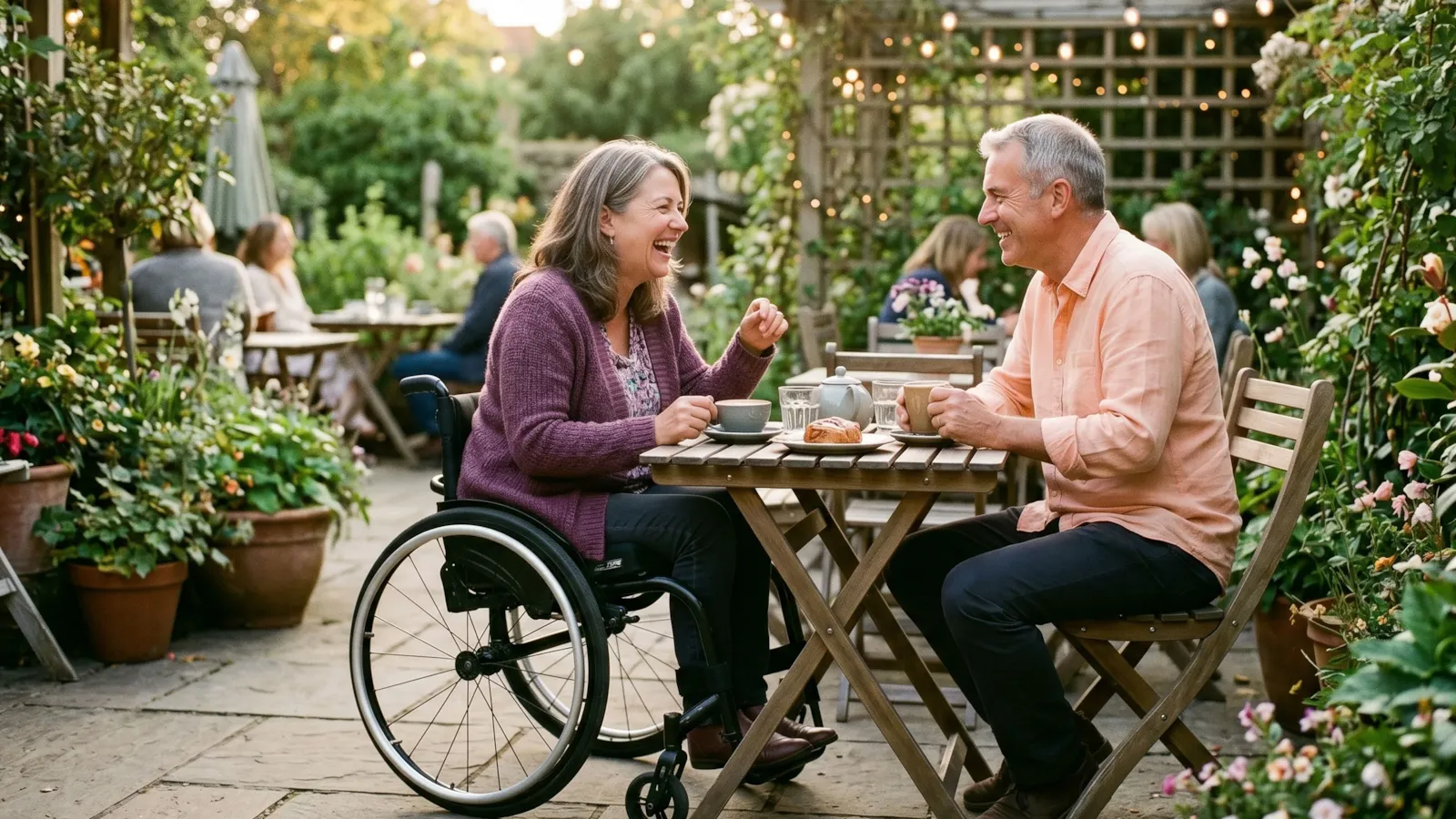 A smiling couple chatting over coffee at an accessible garden café; one partner is a wheelchair user