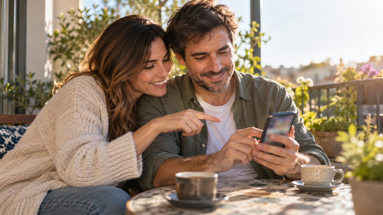Una pareja escribe junta un mensaje en el móvil en la terraza de su casa, con dos cafés sobre la mesa