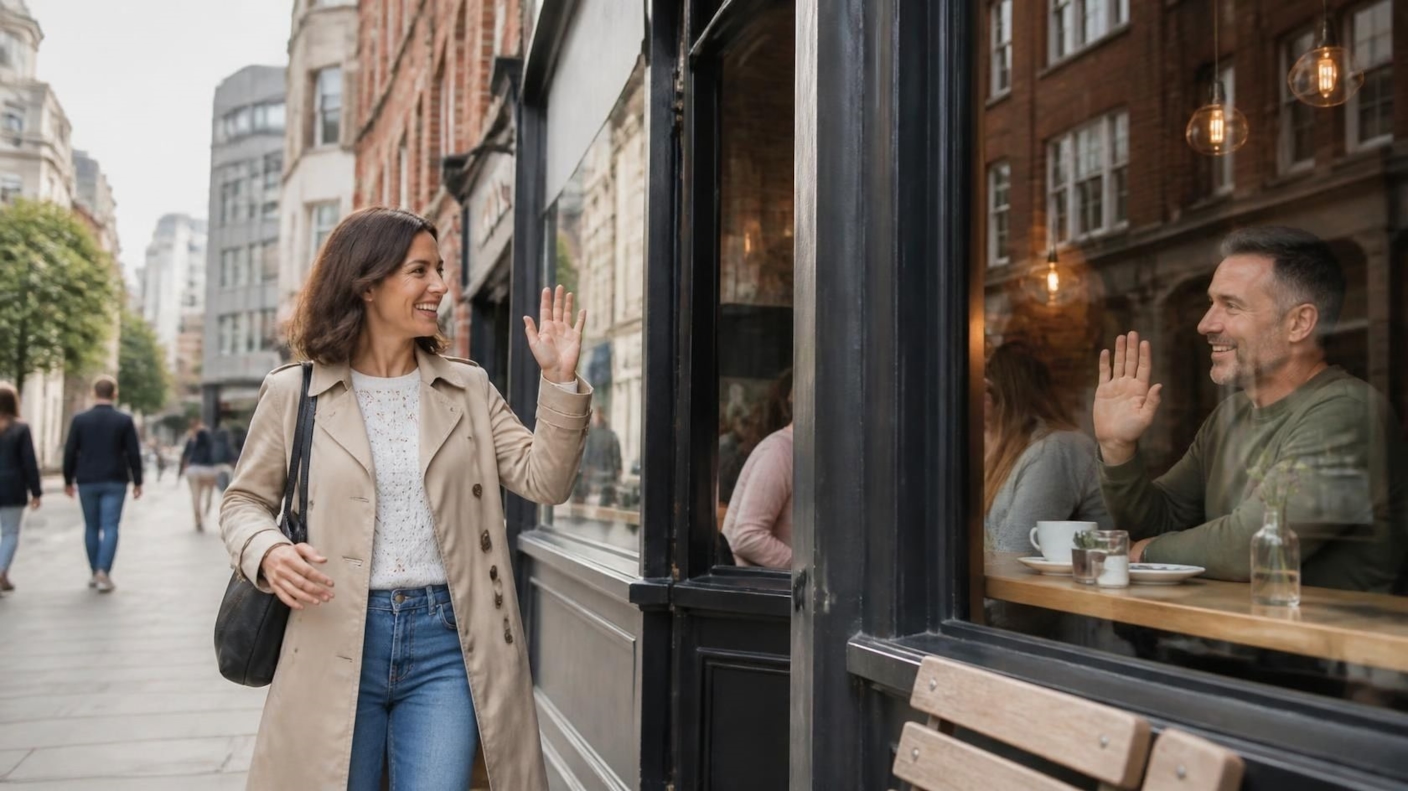 A woman waving hello to a man at a café window on a city street