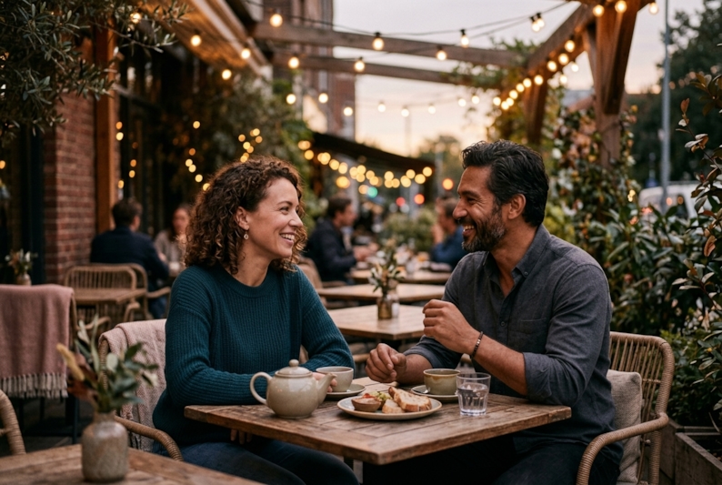 Two people on a casual first date at dusk