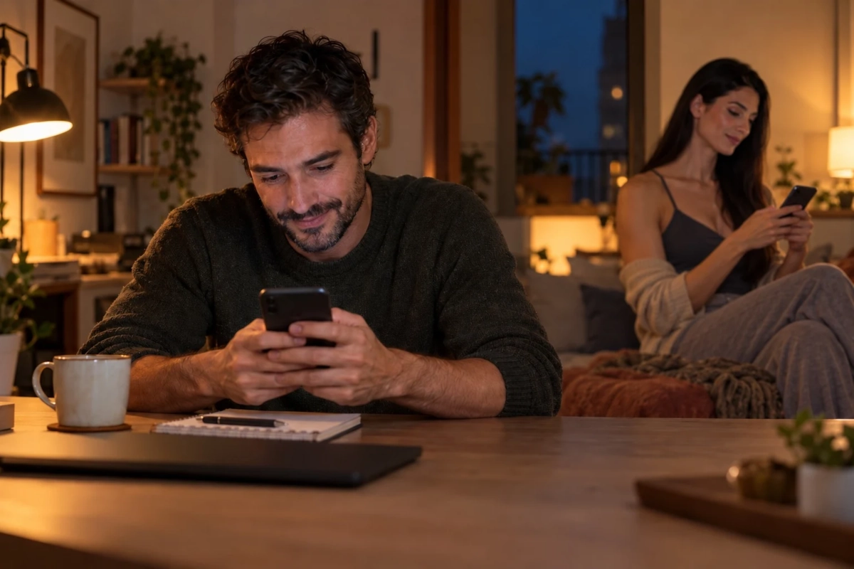 Hombre redactando un primer mensaje en una app de citas desde su escritorio