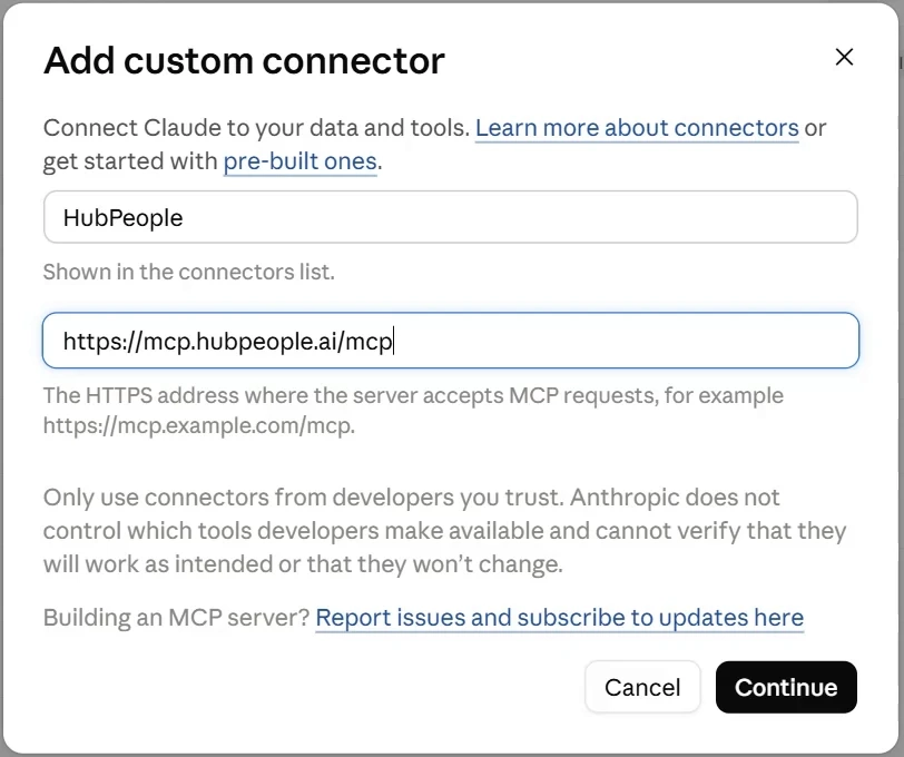 The Add custom connector box, named HubPeople, with the address filled in.
