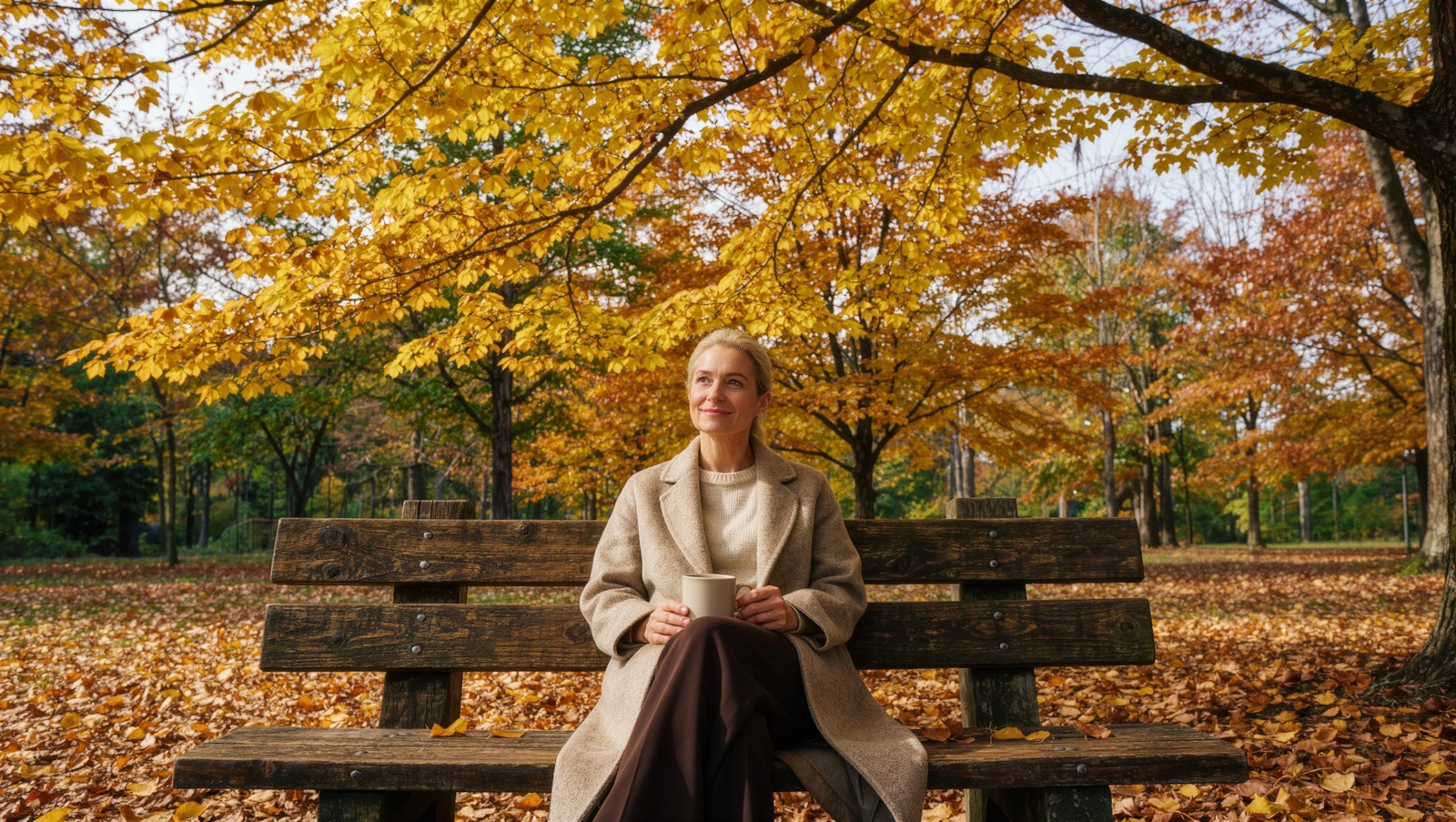 A woman with a mug on a bench in an Ohio state park in autumn colors