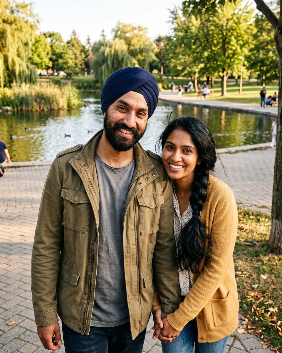 A smiling couple holding hands on a path by a park pond in Brampton on a sunny afternoon (AI-generated image)