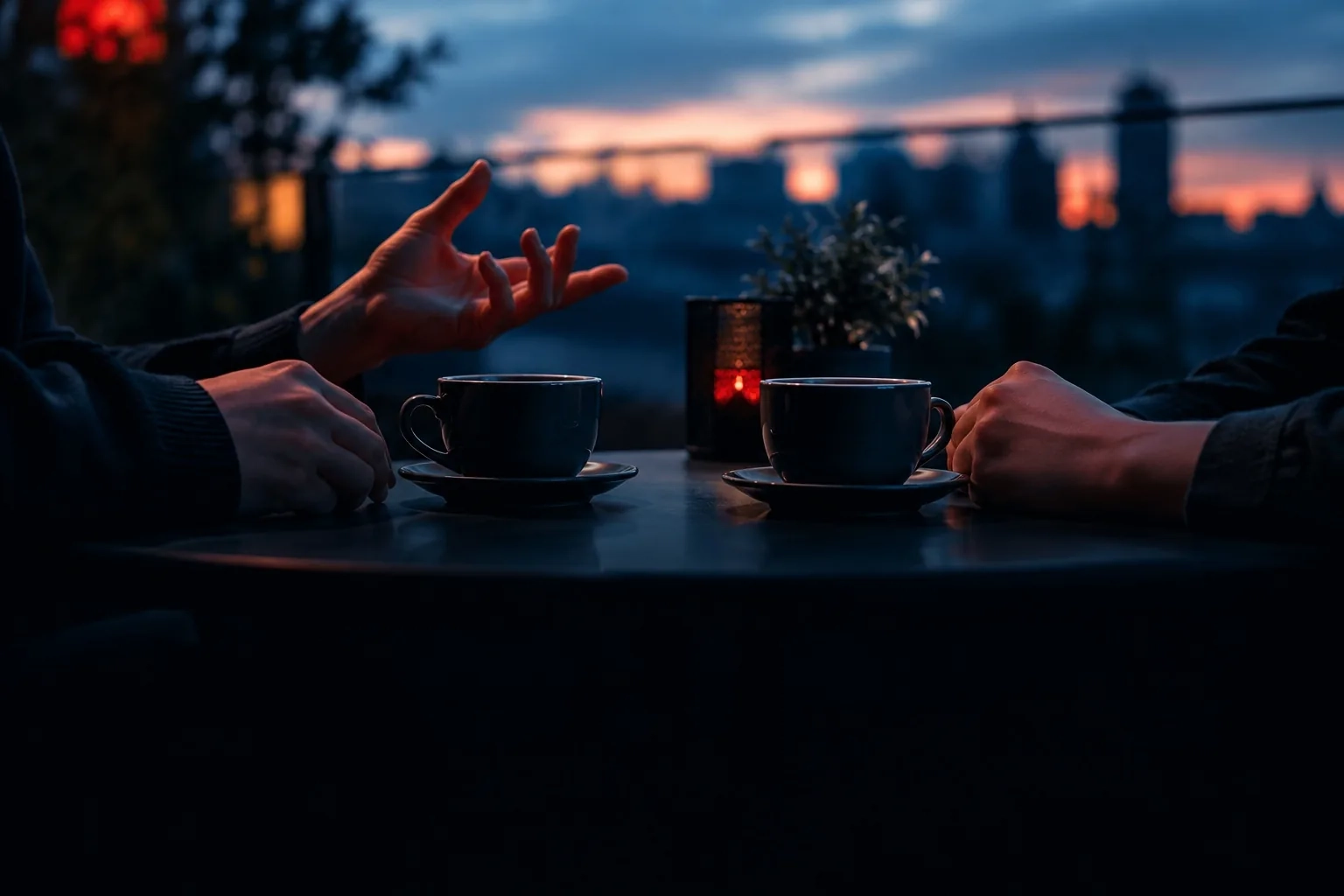 Dos tazas de café sobre una mesa de terraza al atardecer, con dos pares de manos cerca y el perfil de la ciudad al fondo