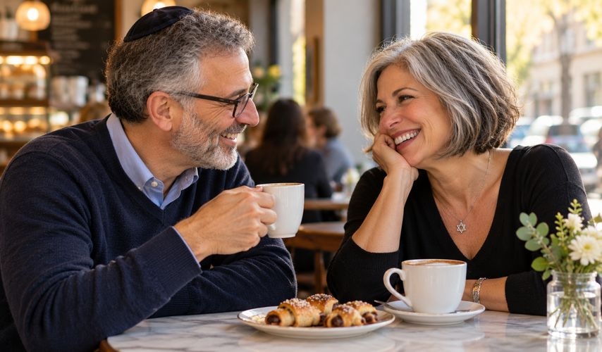 Couple in their fifties laughing together over coffee and pastries at a cafe table