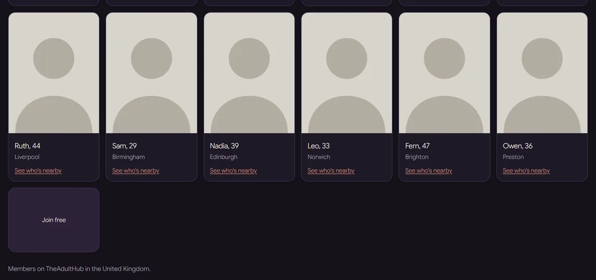 A live brand's member grid close up: the link under each card reads See who's nearby, and the join tile reads Join free.