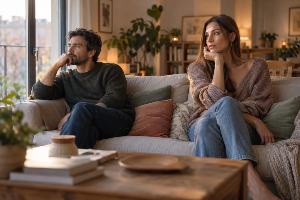 Pareja pensativa en los dos extremos del sofá en una tarde de invierno