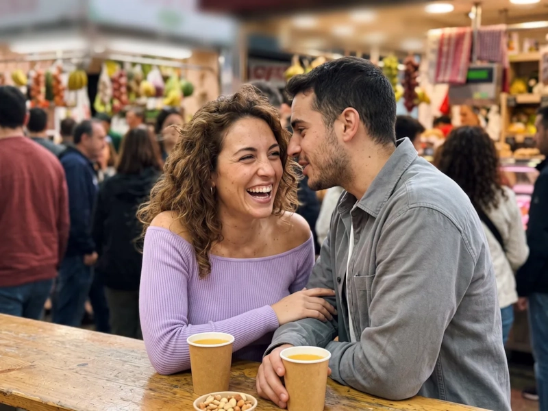 Un hombre le cuenta algo al oído a una mujer que se ríe y le toca el brazo en la barra de un mercado gastronómico, con dos vasos sobre la barra (imagen generada por IA)