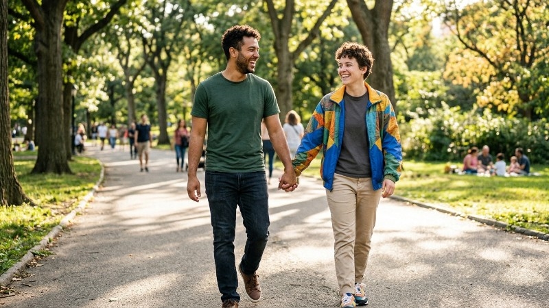 Two people walking hand in hand through a sunny park, laughing together