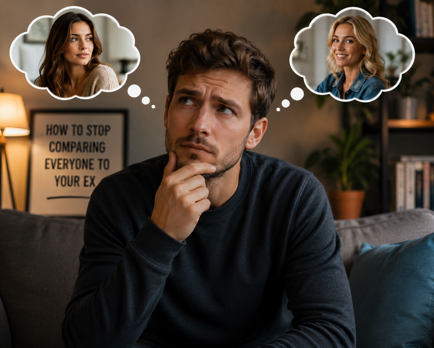A man sits on a sofa looking thoughtful, with two thought bubbles above him each showing a different woman, illustrating him comparing new people to someone from his past
