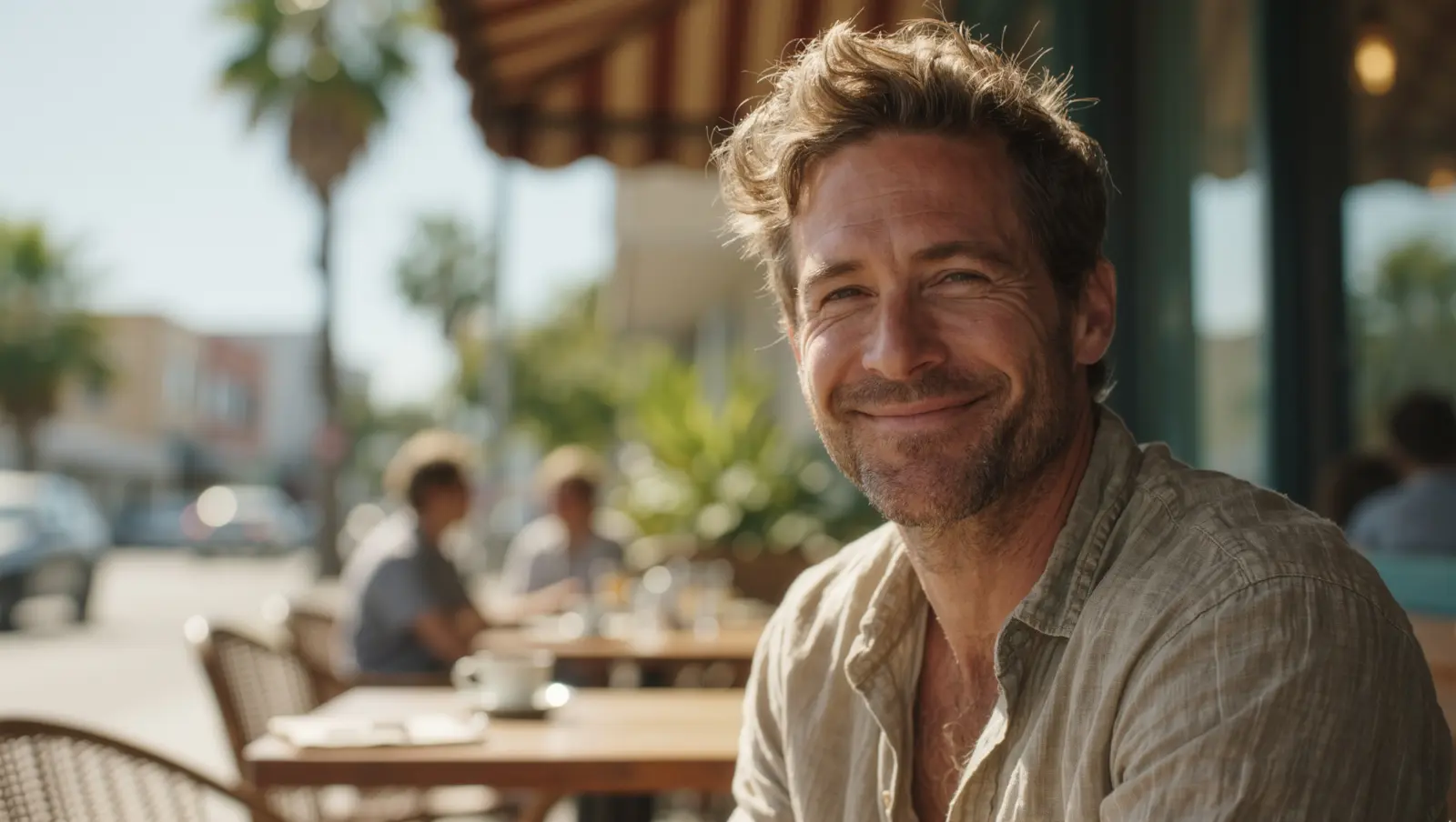 A relaxed man in a linen shirt smiling at a sunny sidewalk café table