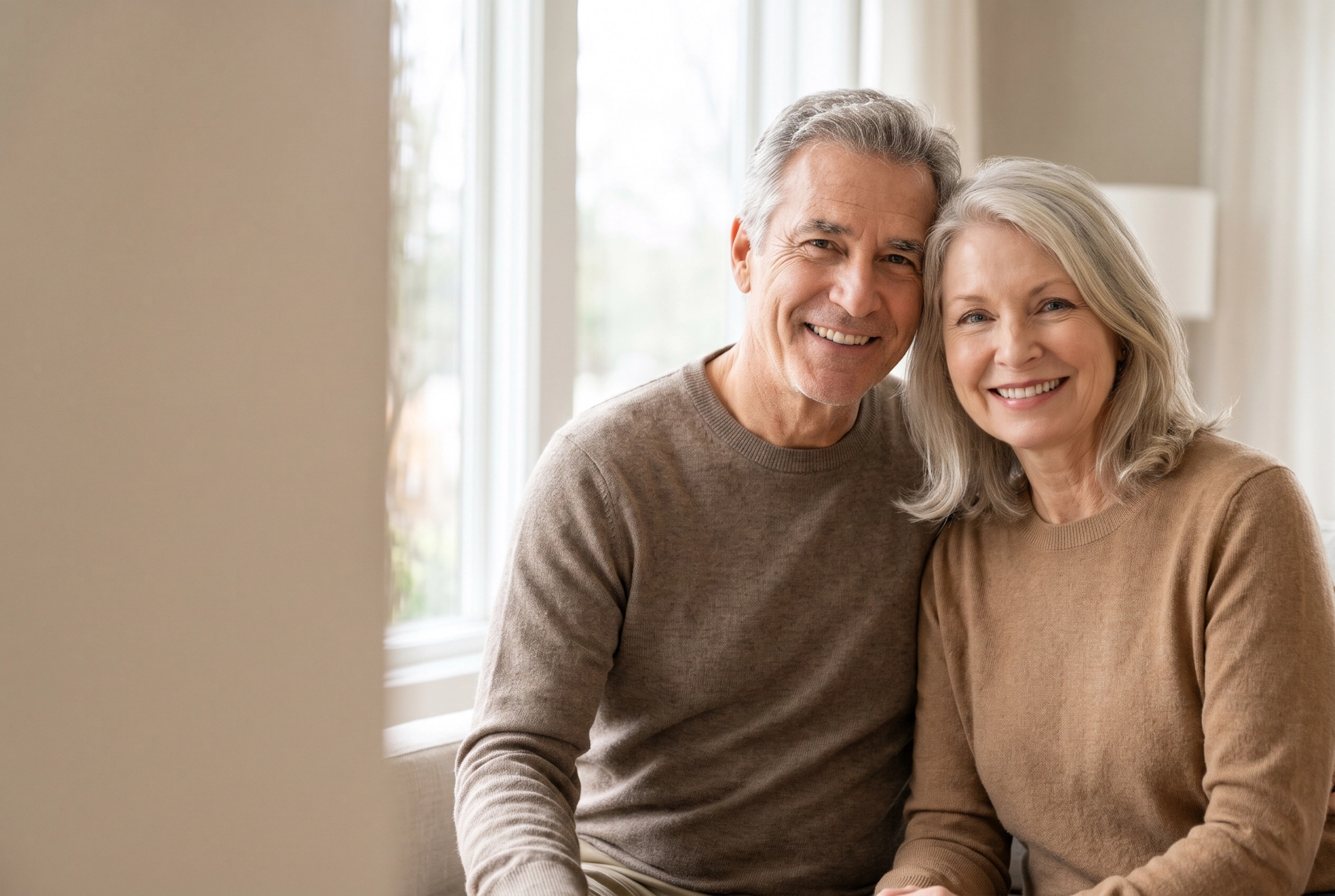 A warm mature couple smiling together at home