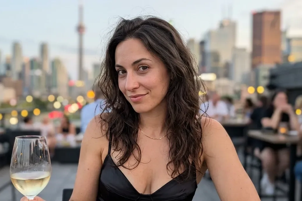 A woman with long dark wavy hair in a black satin top smiles over a glass of wine on a Toronto rooftop terrace, the CN Tower behind her (AI-generated image)