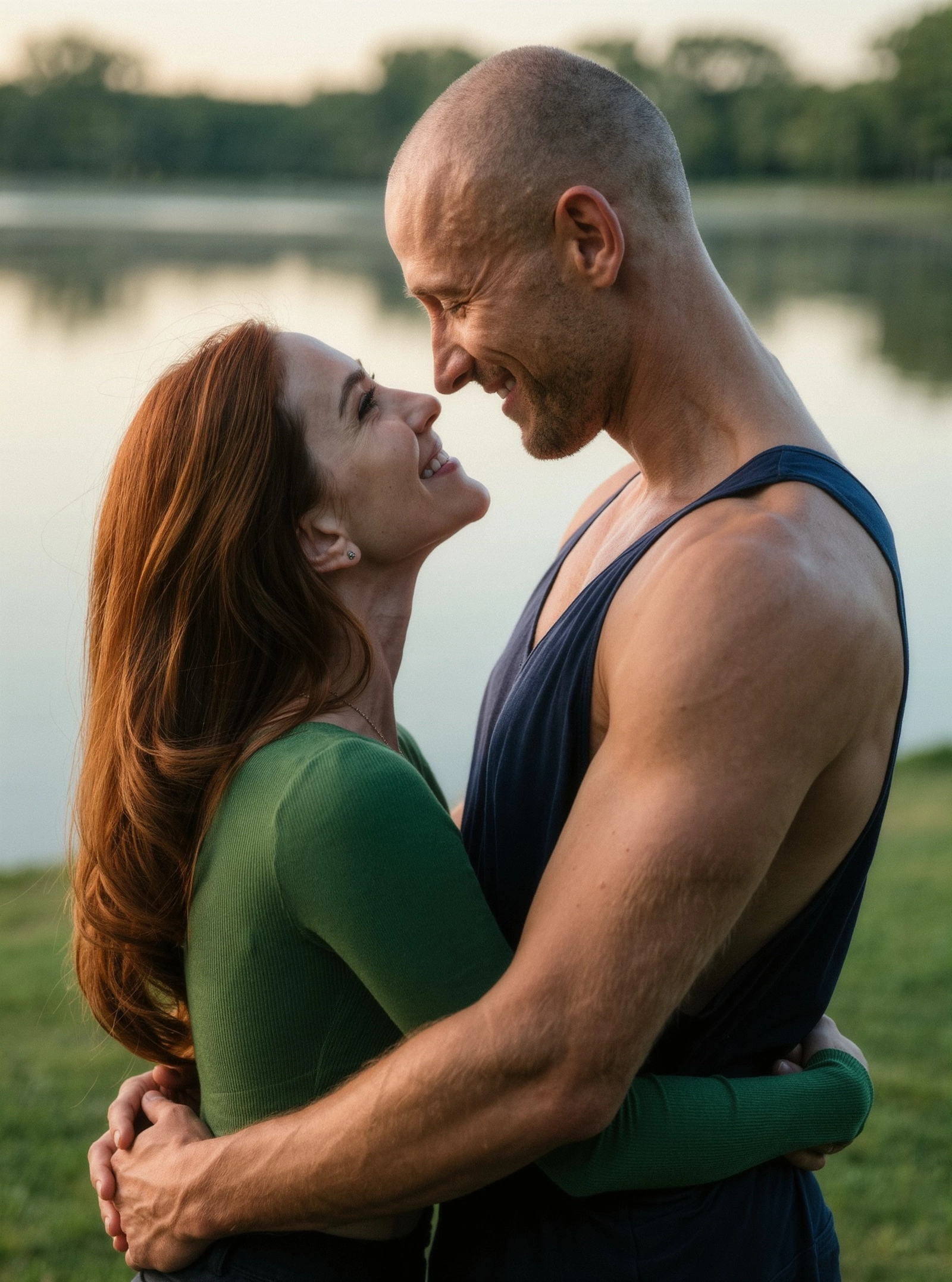 A couple embracing and smiling at each other on a lakeside lawn at sunrise after a morning workout