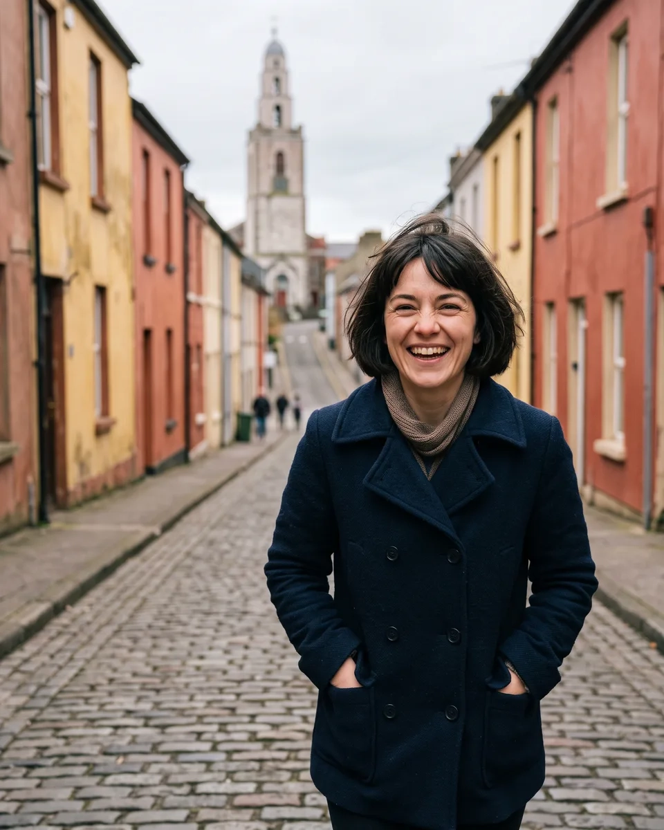 A woman with a short dark bob in a navy wool peacoat walks uphill on a steep lane of painted terraced houses in Cork in the late afternoon, laughing towards the camera (AI-generated image)