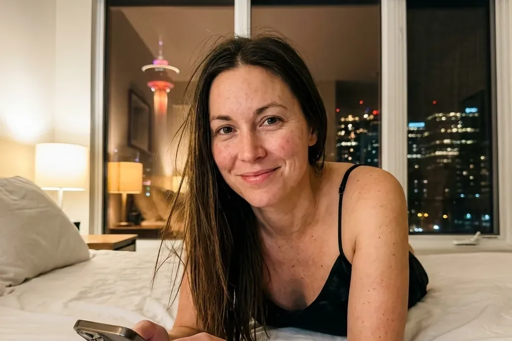 A woman with long dark hair and a black camisole lies on her bed at night with her phone, smiling up, the lit Calgary Tower in the window behind her (AI-generated image)