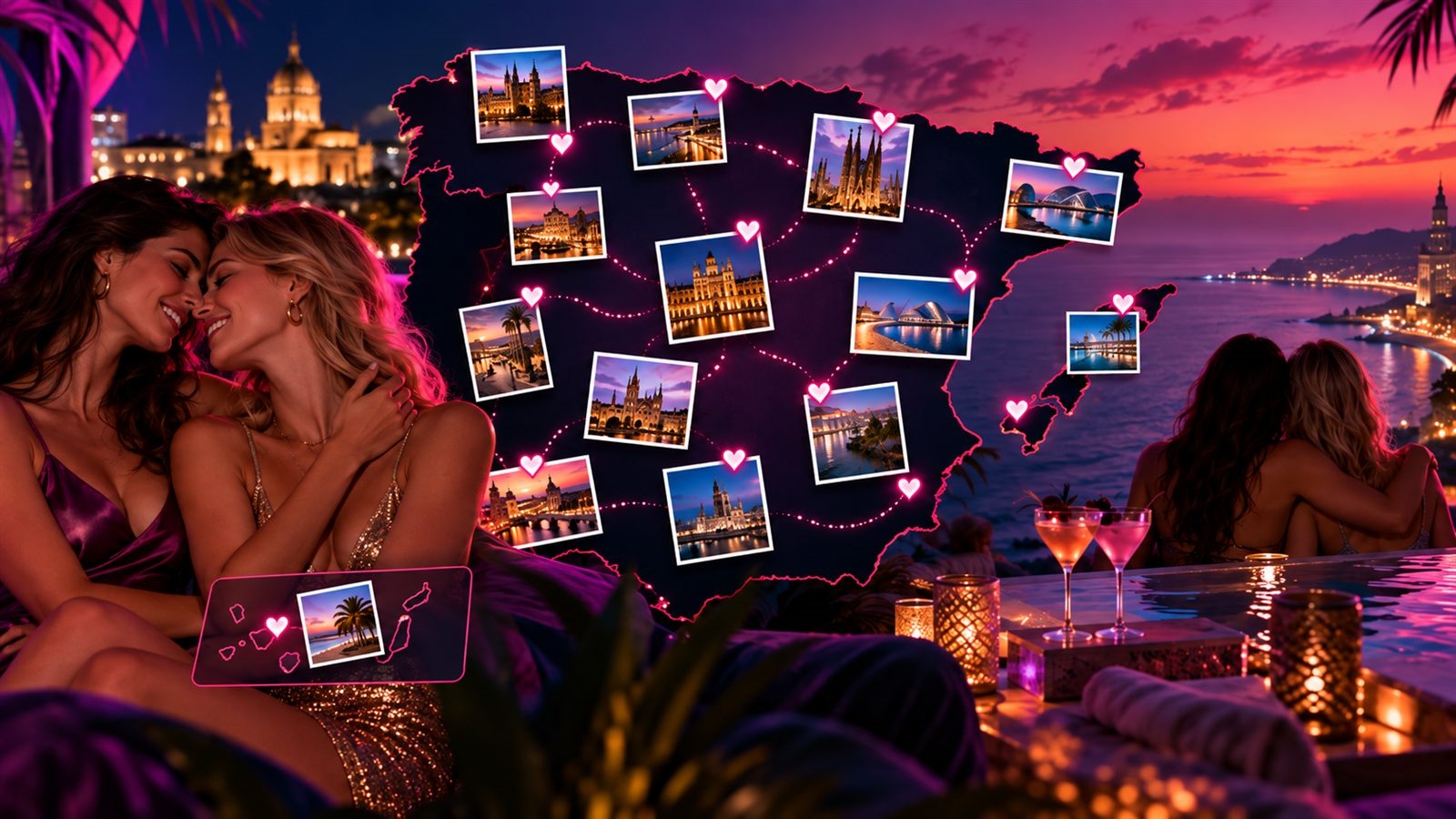 Mapa de España con las principales ciudades y una pareja de mujeres al atardecer — citas lesbianas en España