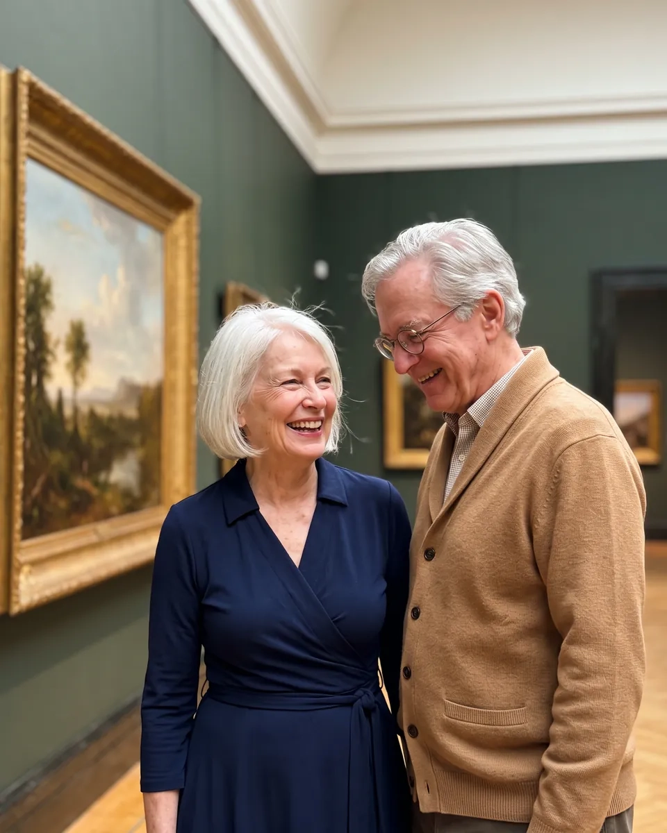 A woman in her late sixties in a navy dress and a man in his early seventies with round glasses smile at each other in front of a landscape painting in a museum gallery (AI-generated image)