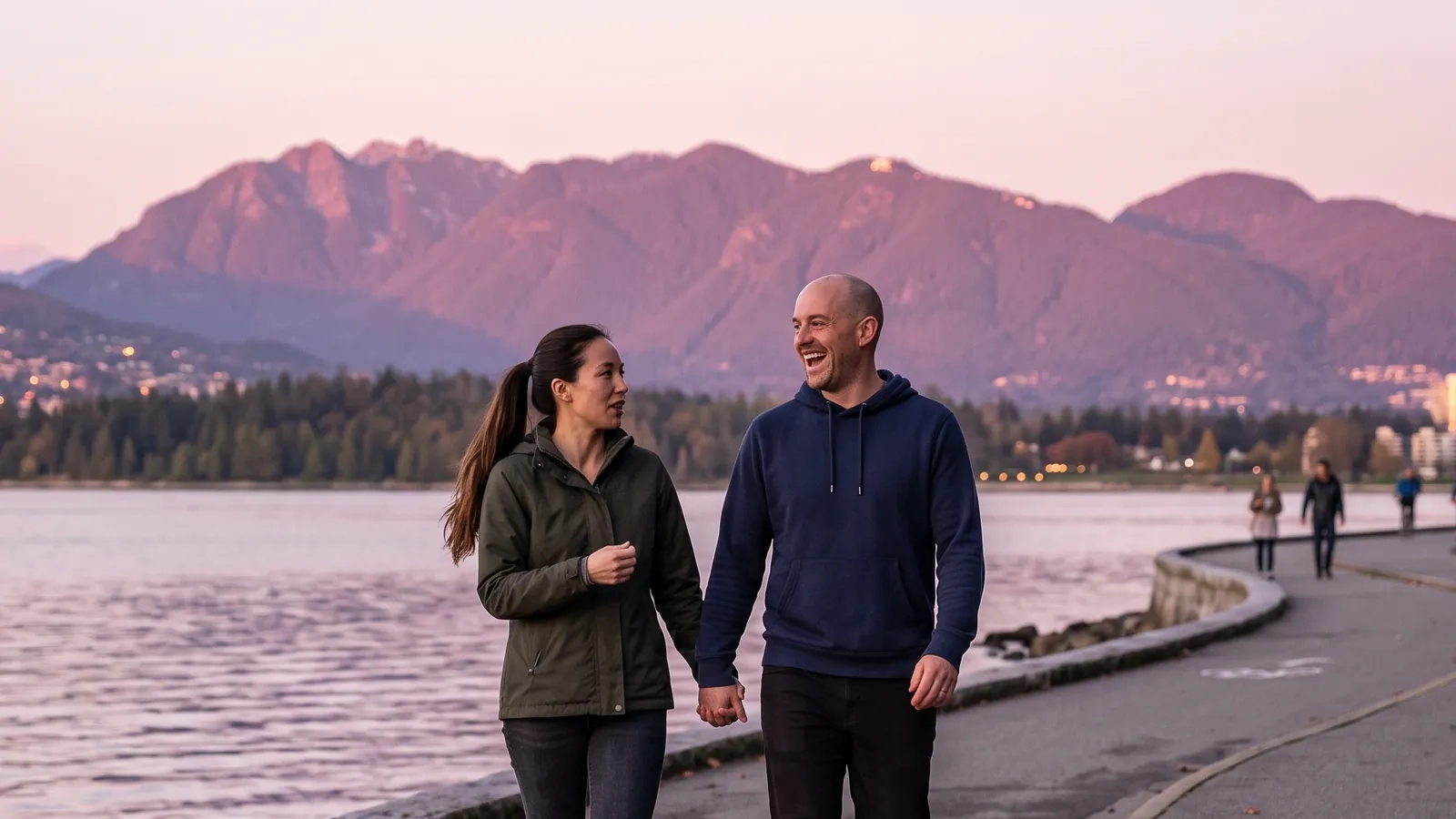 A couple walking hand in hand on the Vancouver seawall at dusk, mountains glowing behind them (AI-generated image)