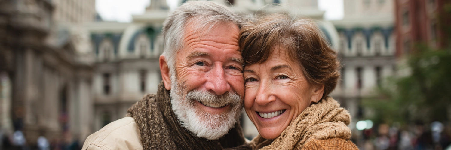 A warm image portraying seniors engaging in a joyful, meaningful connection against a backdrop of Philadelphia's iconic skyline.
