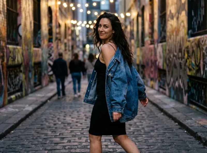 A woman with long dark wavy hair, a black slip dress and an open denim jacket looks back over her shoulder with a smile as she walks down a cobbled Melbourne laneway covered in street art, string lights overhead (AI-generated image)
