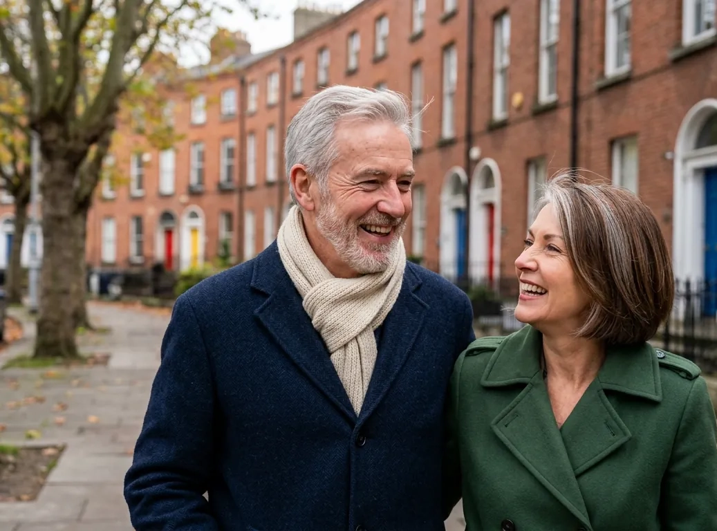 A man in his mid sixties with a grey beard and navy overcoat and a woman in her early sixties in a green coat laugh together as they walk past Georgian terraces with painted front doors in Dublin (AI-generated image)