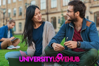 Two students smiling while matching and chatting on University Love Hub dating platform.