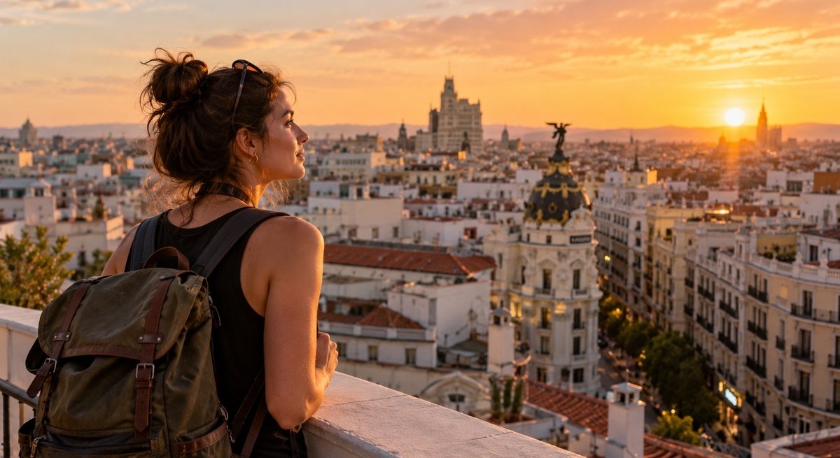 Mujer recién llegada a Madrid mirando los tejados desde una azotea al atardecer