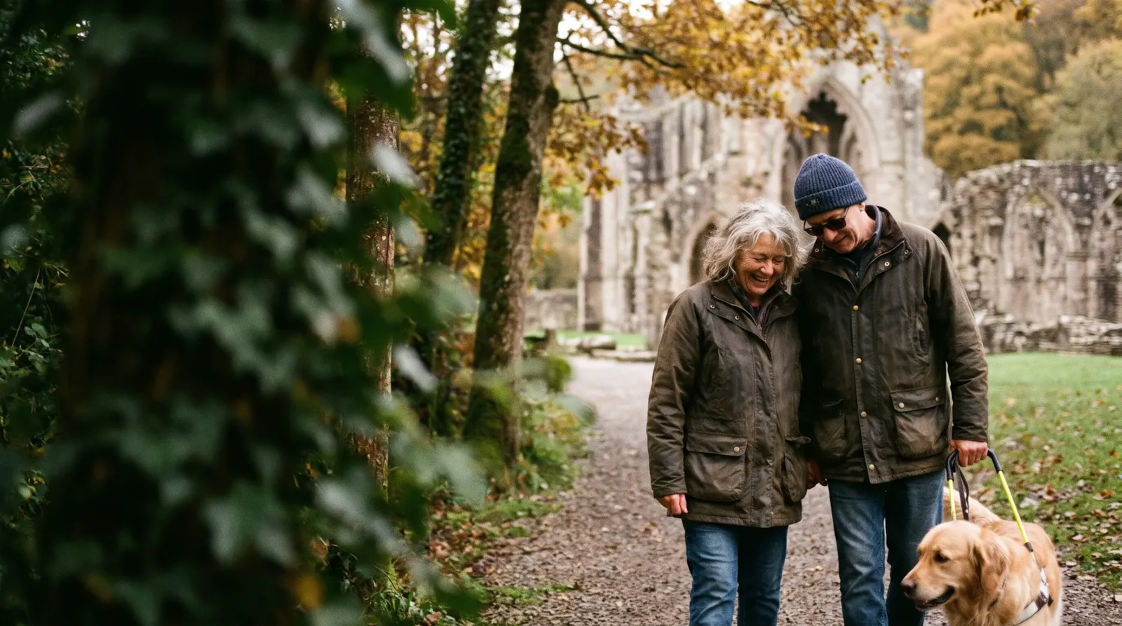A couple near Tintern Abbey in the Wye Valley in autumn; the man is visually impaired, with his guide dog