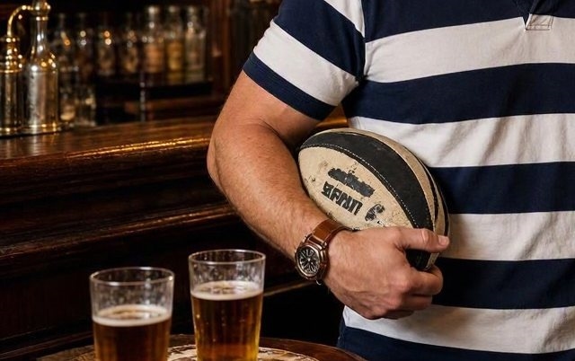 A rugby ball held beside two pints of beer on a clubhouse bar