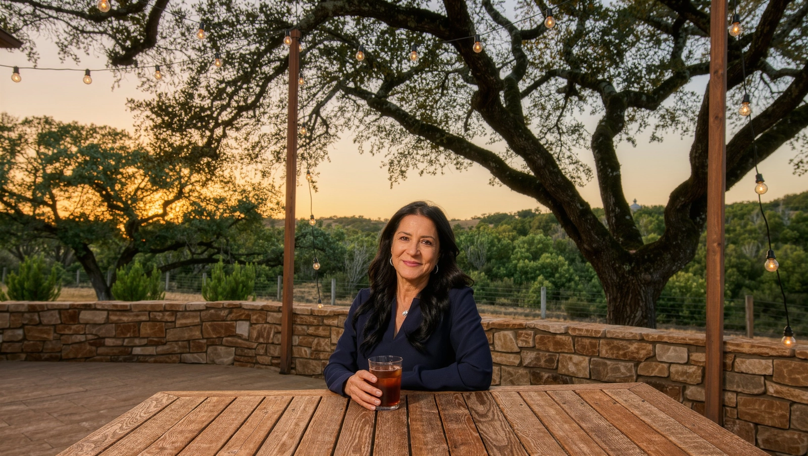 A woman laughing softly at a patio table in the Texas Hill Country at golden hour