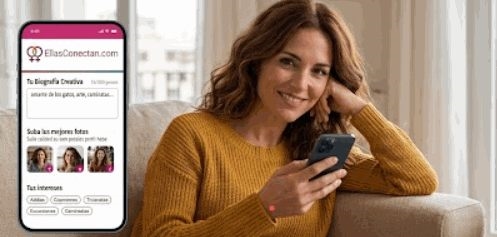 Mockup del perfil de EllasConectan en el móvil: biografía, fotos e intereses