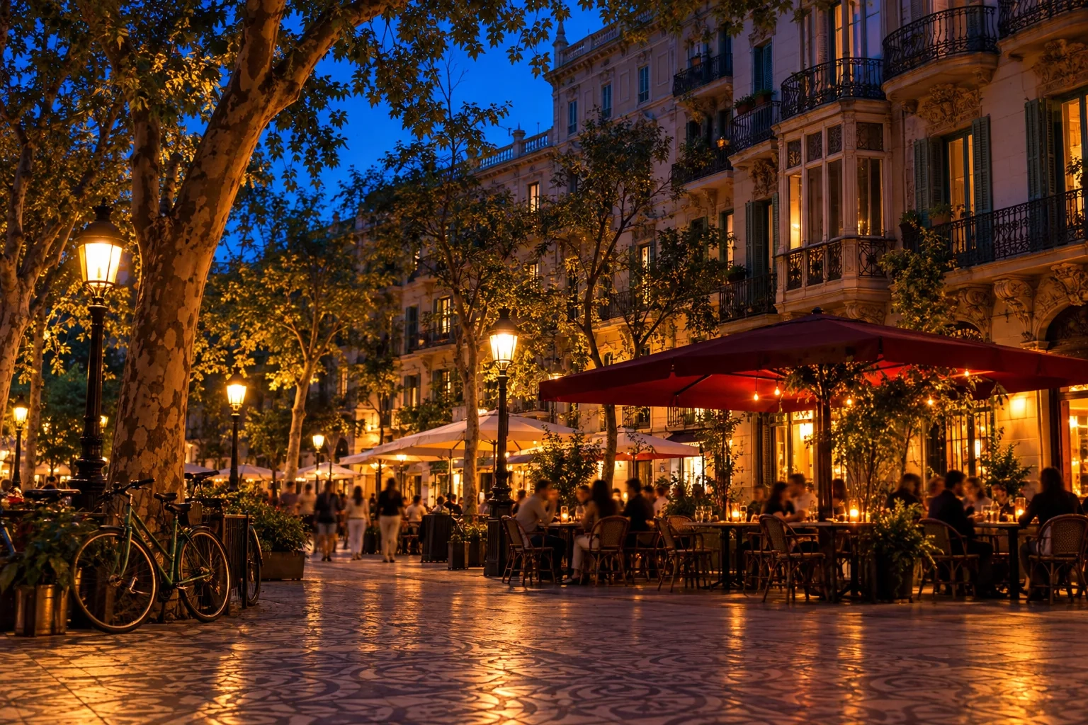 Plaza arbolada de un barrio de Barcelona a la hora azul, con terrazas iluminadas bajo los árboles y fachadas con galerías