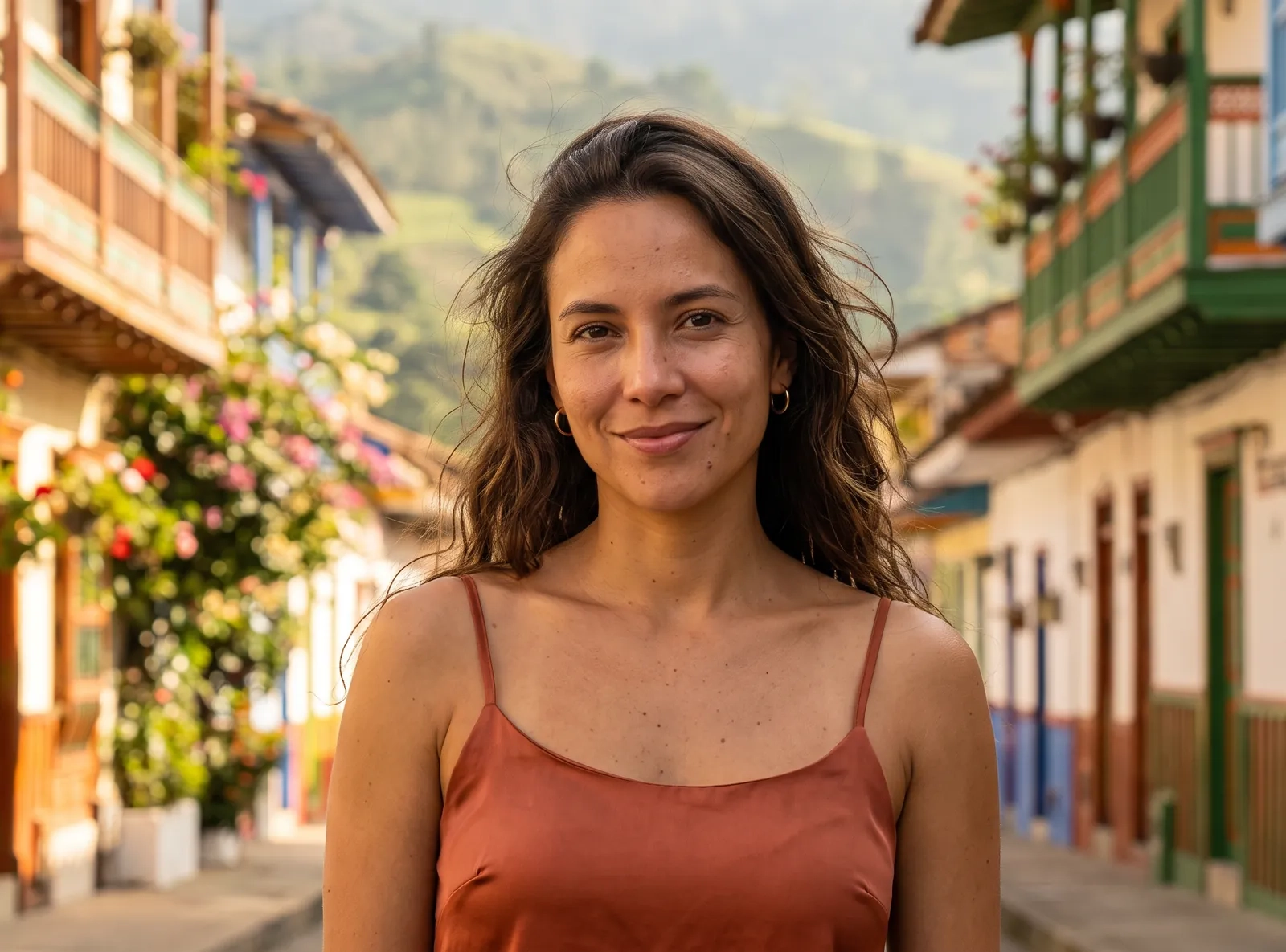 Una mujer de pelo largo y ondulado, con una camiseta de tirantes color terracota, sonríe a la cámara en una calle colonial con balcones de colores y montañas verdes al fondo (imagen generada por IA)