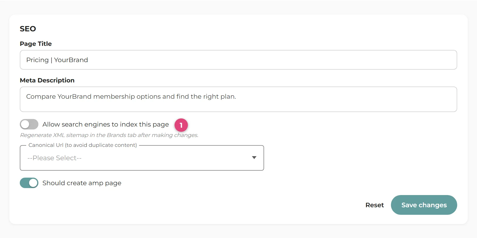 A page's SEO settings with the Allow search engines to index this page toggle switched off, marked by marker 1.