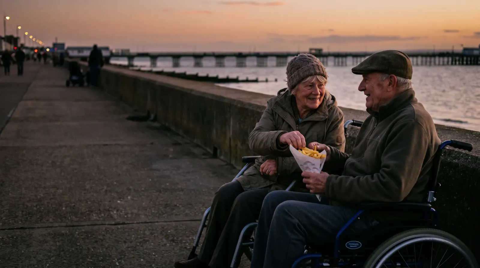 A couple in wheelchairs sharing chips on Southend seafront at sunset, the pier stretching out behind them