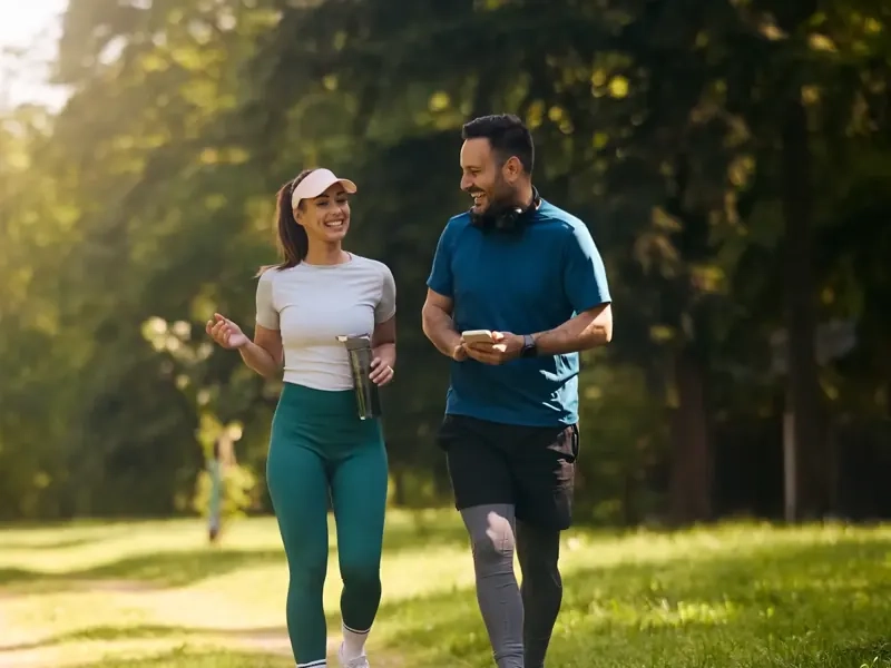 A smiling man and woman walking and chatting along a sunny park path
