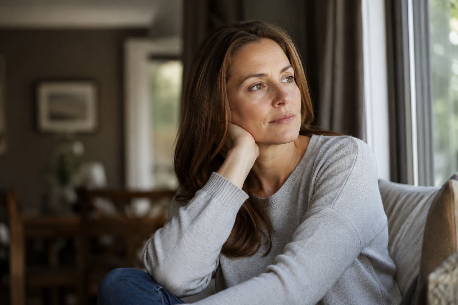 A woman sits thoughtfully on a sofa by a window, resting her chin on her hand as she looks outside